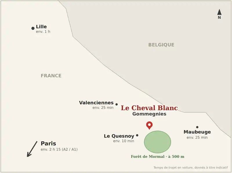 Carte situant Le Cheval Blanc à Gommegnies, à 500 m de la forêt de Mormal, près du Quesnoy, de Valenciennes, de Maubeuge, de Lille et de Paris